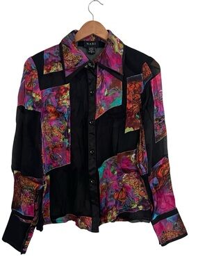 NABI Women’s Silk Blend Button-Up Vibrant Blouse Multicolor Art To Wear Sz S